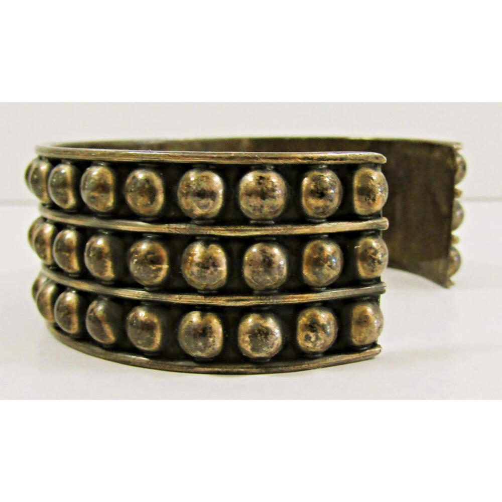 Vintage Taxco Sterling Silver Studded Three Row Bead Bracelet - Picture 3 of 8